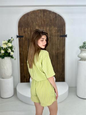 Flam Keten Kumaş Çizgi Desen Gömlek Şort İkili Takım Yeşil