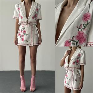 Flam Keten Kumaş Nakışlı Bağcık Detay Ceket