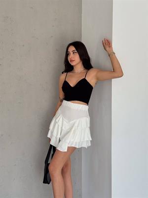 Flam Keten Kumaş Şort Astarlı Kat Kat Etek 