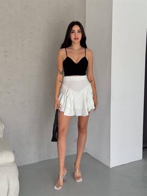 Flam Keten Kumaş Şort Astarlı Kat Kat Etek 