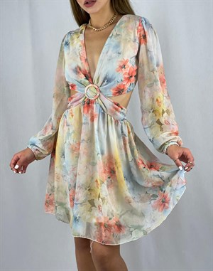Floral Desen Sırt Ve Bel Dekolteli Şifon Elbise