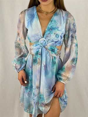 Floral Desen Sırt Ve Bel Dekolteli Şifon Elbise