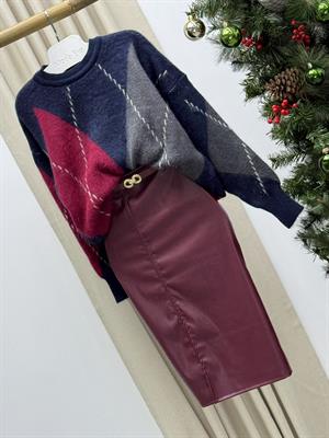 Full Likralı Fermuarsız Yırtmaçlı Pu Deri Bordo Kalem Etek