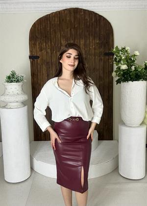 Full Likralı Fermuarsız Yırtmaçlı Pu Deri Bordo Kalem Etek