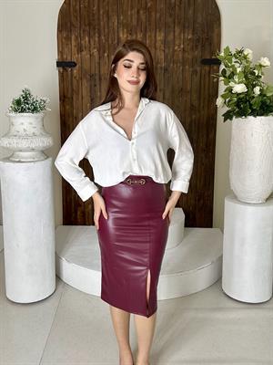 Full Likralı Fermuarsız Yırtmaçlı Pu Deri Bordo Kalem Etek