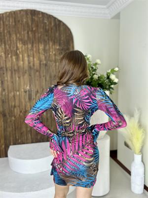 Full Likralı Micro Kumaş Derin V Yaka Desenli Elbise Mor