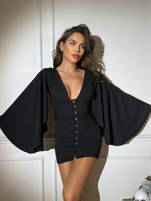 Full Likralı Micro Kumaş Pelerin Kol Sırt Detaylı Düğmeli Tasarım Kırmızı Elbise