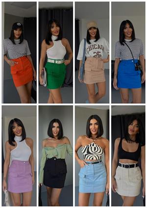 Gabardin Kumaş Kargo Cepli Mini Etek 