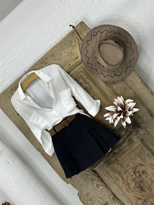 Gabardin Kumaş Kemerli Pileli Şort Etek