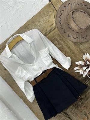 Gabardin Kumaş Kemerli Pileli Şort Etek