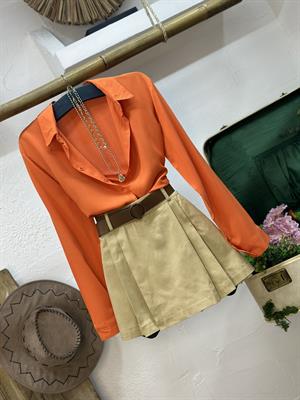 Gabardin Kumaş Kemerli Pileli Şort Etek