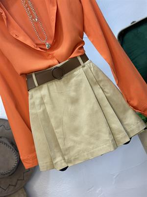 Gabardin Kumaş Kemerli Pileli Şort Etek