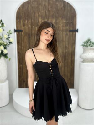 Gabardin Kumaş Kuşgözü Detay Kloş Mini Elbisemiz Siyah