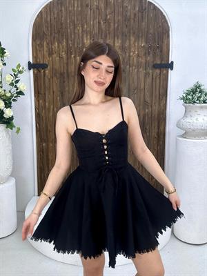 Gabardin Kumaş Kuşgözü Detay Kloş Mini Elbisemiz Siyah