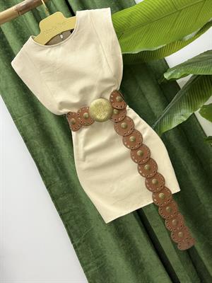 Gabardin Kumaş Sırt Fermuarlı Kol Detay Elbise Bej