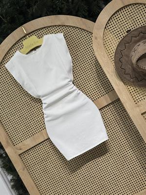 Gabardin Kumaş Sırt Fermuarlı Kol Detay Elbise Beyaz