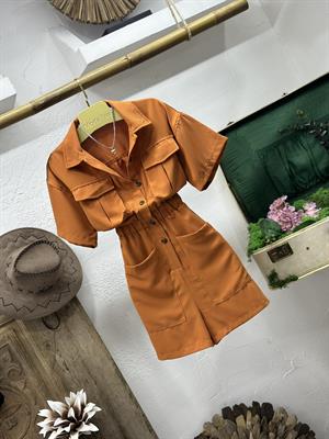 Gabardin Kumaş Torba Cep Detaylı Safari Şort Tulum 