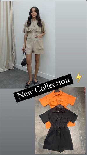 Gabardin Kumaş Torba Cep Detaylı Safari Şort Tulum 