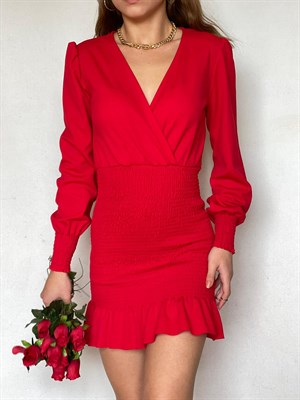 Gipe Detay Etek Ucu Fırfırlı Kruvaze Yaka Crep Dokuma Kumaş Elbise