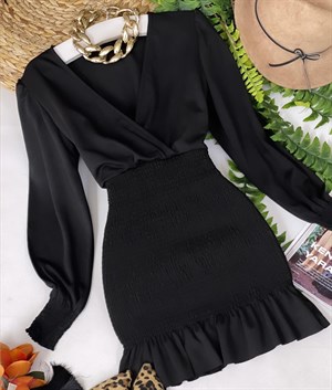 Gipe Detay Etek Ucu Fırfırlı Kruvaze Yaka Crep Dokuma Kumaş Elbise