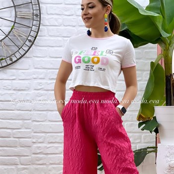 Gofre Kumaş Bel Lastikli Yırtmaç Detaylı Pantolon