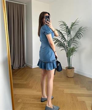 V Yaka Eteği Fırfırlı Jean Elbise