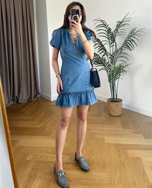 V Yaka Eteği Fırfırlı Jean Elbise