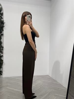 Gold Düğmeli Pileli Palazzo Acı Kahve