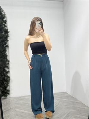 Gold Düğmeli Pileli Palazzo Petrol