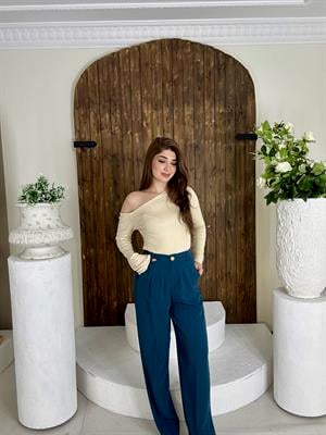 Gold Düğmeli Pileli Palazzo Petrol