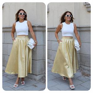 Gold Lame Kumaş Cepli Kloş Uzun Etek