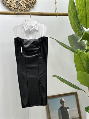 Gömlek Detay Vegan Deri Kumaş Kalem Elbise