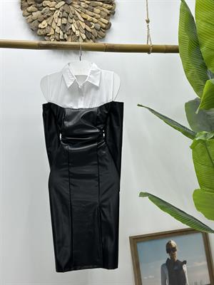 Gömlek Detay Vegan Deri Kumaş Kalem Elbise