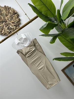 Gömlek Detay Vegan Deri Kumaş Kalem Krem Elbise