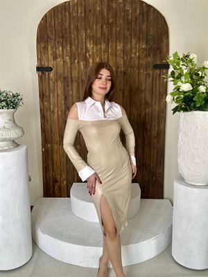 Gömlek Detay Vegan Deri Kumaş Kalem Krem Elbise