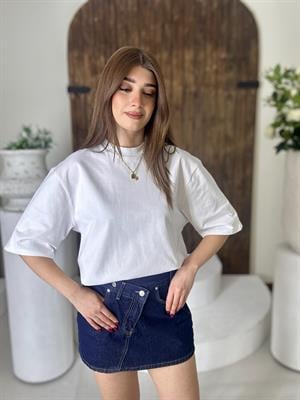 Gramajlı Üç İplik Bisiklet Yaka Oversize Tişört Beyaz