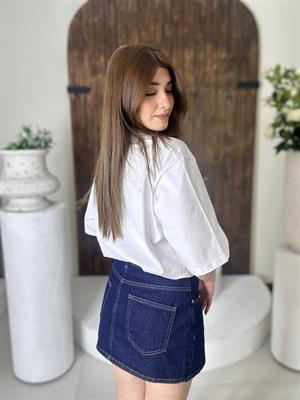 Gramajlı Üç İplik Bisiklet Yaka Oversize Tişört Beyaz