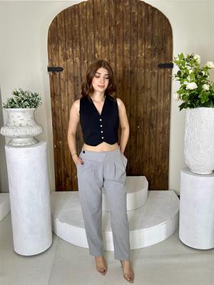 Gri Çift Düğme Detaylı Pileli Tasarım Pantolon 