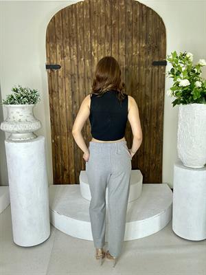 Gri Çift Düğme Detaylı Pileli Tasarım Pantolon 