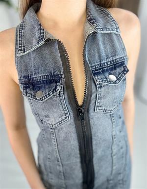 Gri Yıkamalı Jean Kumaş Boydan Fermuarlı Elbise