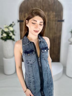 Gri Yıkamalı Jean Kumaş Boydan Fermuarlı Elbise