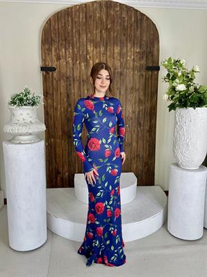 Gül Desen Balıkçı Yaka Eteği Volanlı Maksi Boy Elbise