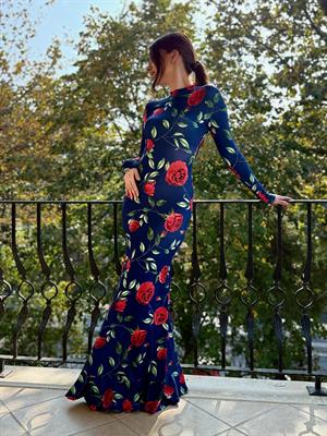 Gül Desen Balıkçı Yaka Eteği Volanlı Maksi Boy Elbise