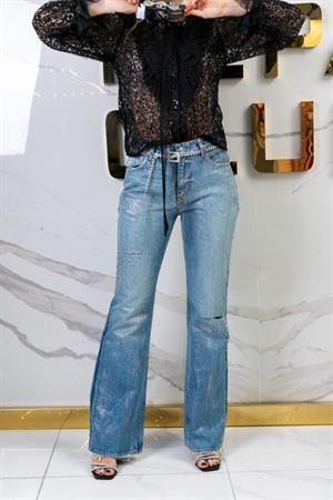 Gümüş Sim Yıkamalı Taş Dizayn Kemer Dahil Jean