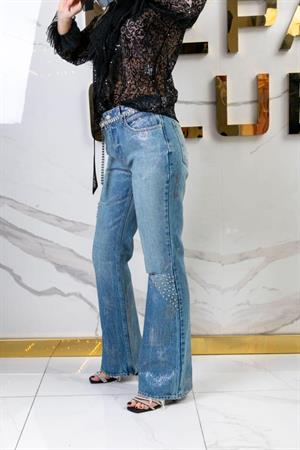 Gümüş Sim Yıkamalı Taş Dizayn Kemer Dahil Jean