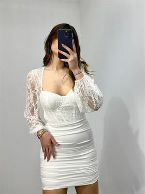 Güpür Detaylı Gloplu Drapeli Tasarım Elbise Beyaz