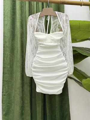 Güpür Detaylı Gloplu Drapeli Tasarım Elbise Beyaz