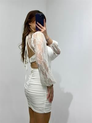 Güpür Detaylı Gloplu Drapeli Tasarım Elbise Beyaz