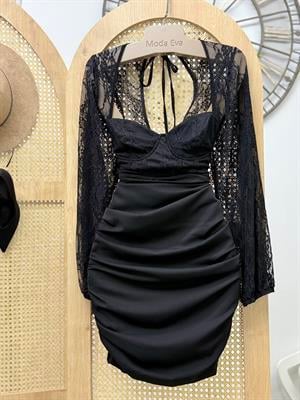 Güpür Detaylı Gloplu Drapeli Tasarım Elbise Siyah