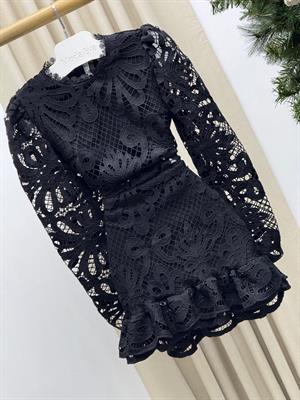 Güpür Kumaş Balon Kol Tasarım Elbise Siyah